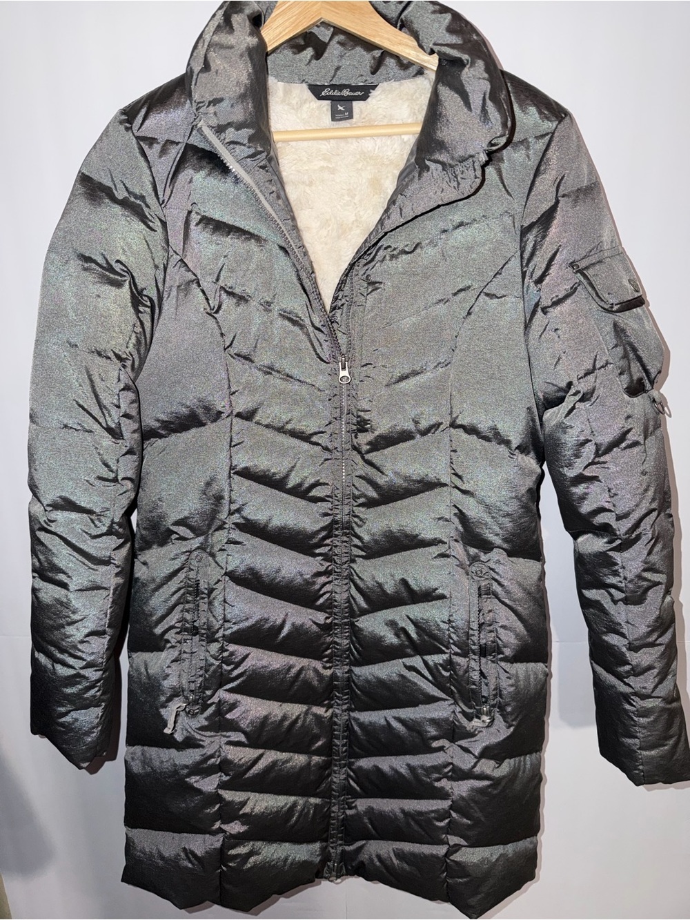 Eddie Bauer Down Parka Women’s Medium Gray Faux Fur Lined Long Puffer Jacket
